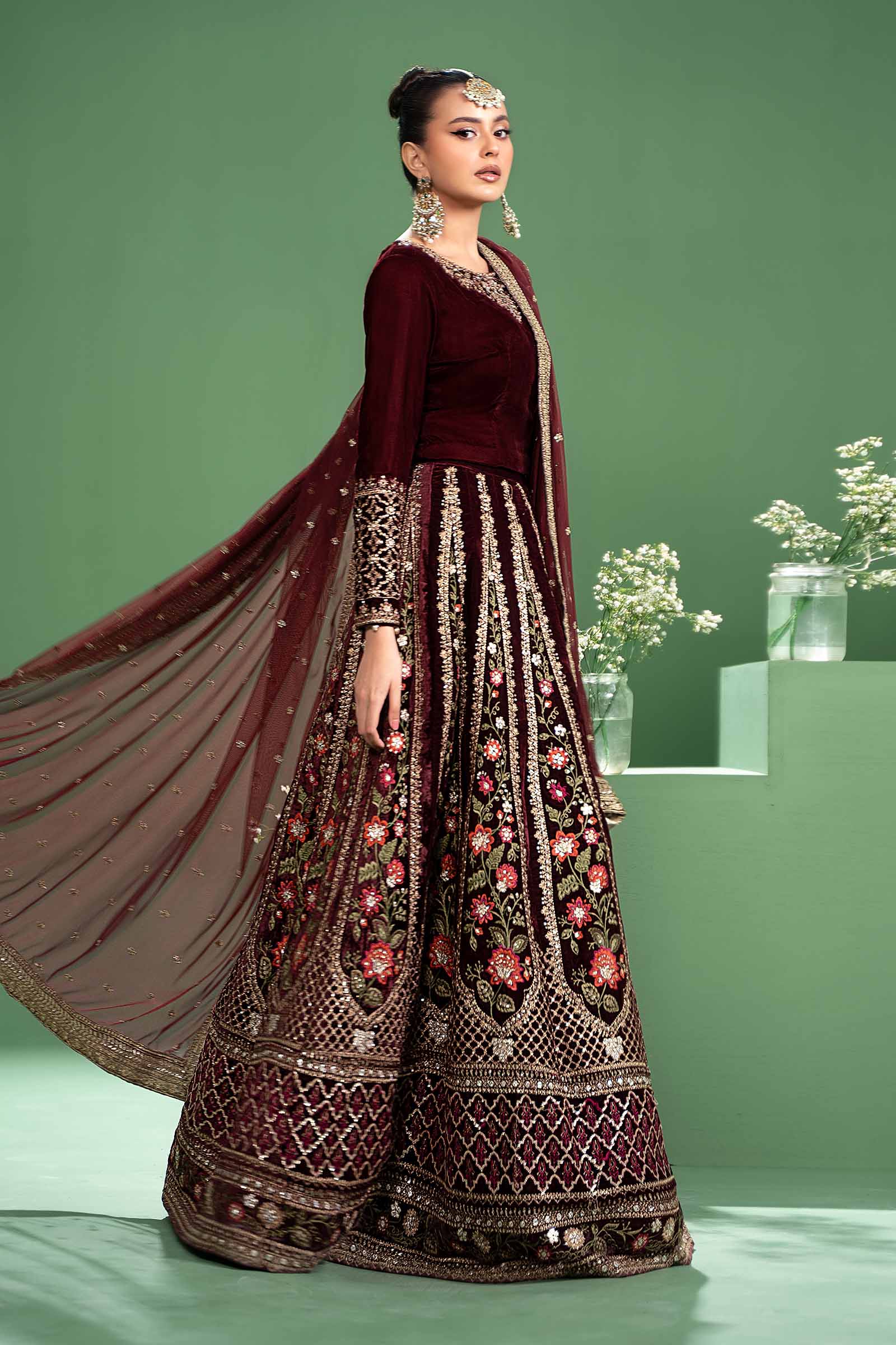 Maroon Embroidered Velvet Lehenga Set (3-Piece) - Image 4