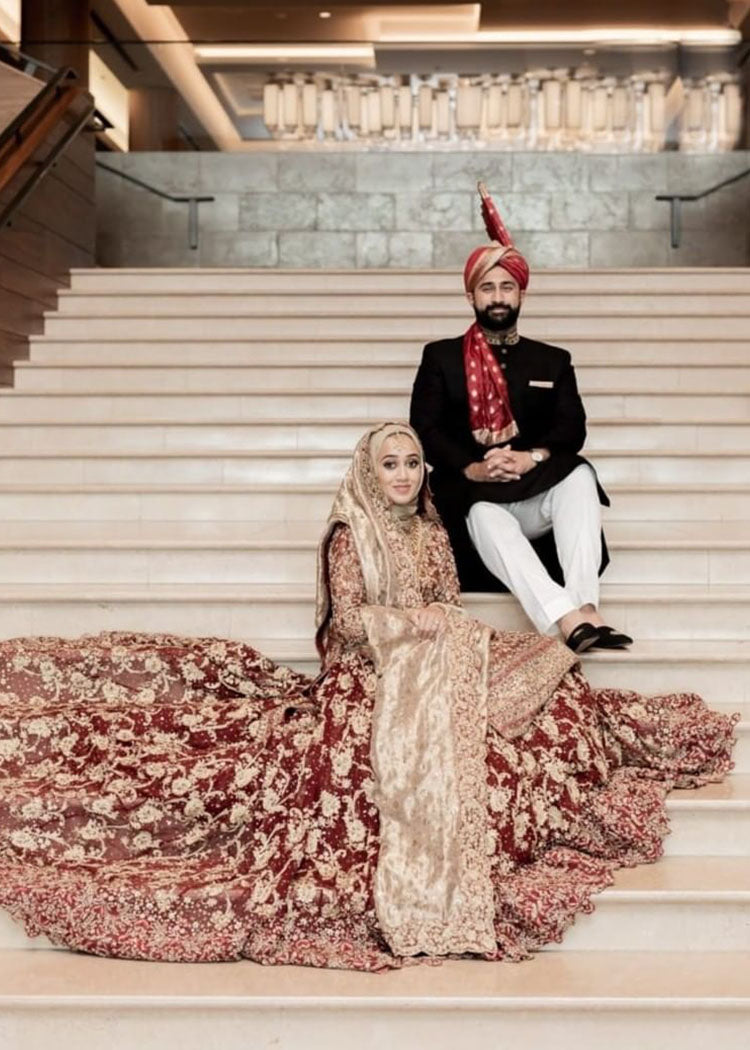 Pakistani Deep Maroon Gold Embroidered Velvet Bridal Lehenga (3-Piece) - Image 1