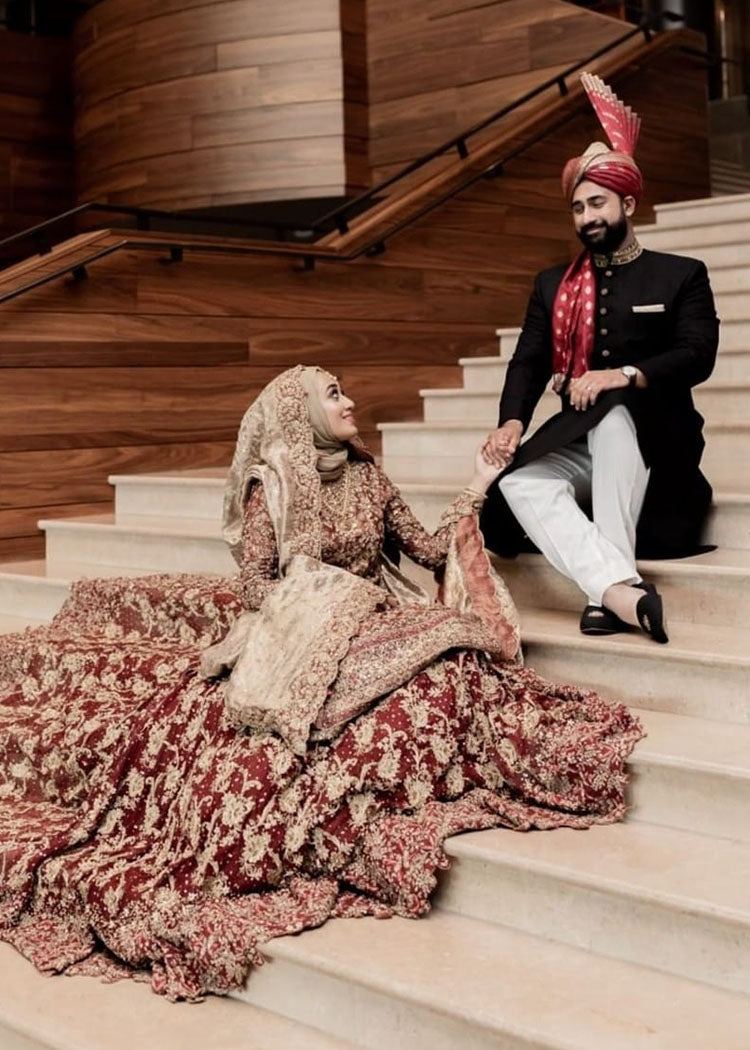 Pakistani Deep Maroon Gold Embroidered Velvet Bridal Lehenga (3-Piece) - Image 7