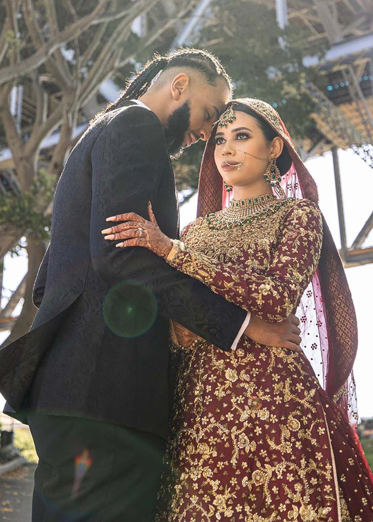 Deep Maroon Zardozi Velvet Bridal Lehenga (3-Piece) - Image 3