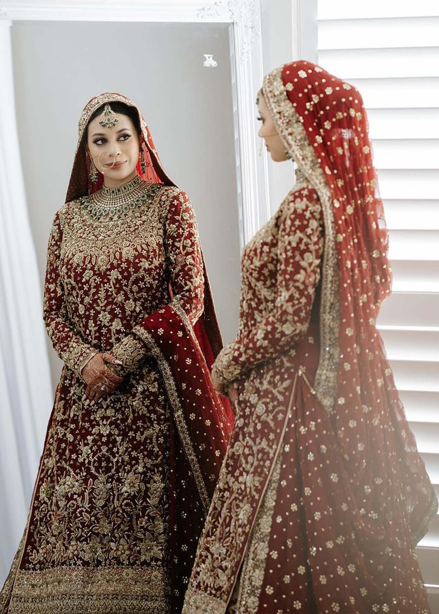 Deep Maroon Zardozi Velvet Bridal Lehenga (3-Piece) - Image 4