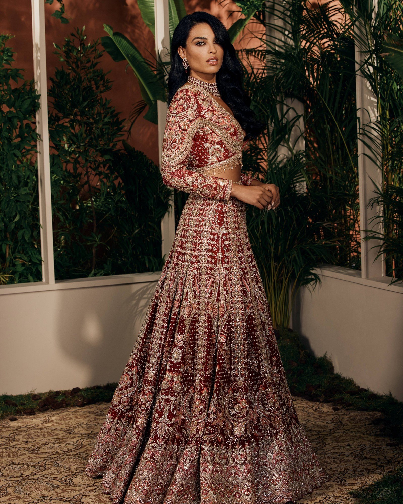 Deep Maroon Embellished Velvet Bridal Lehenga (2-Piece) - Image 1
