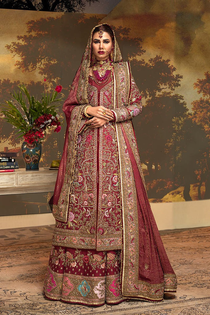 Pakistani Maroon Zardozi Resham Velvet Bridal Lehenga (3-Piece) - Image 1