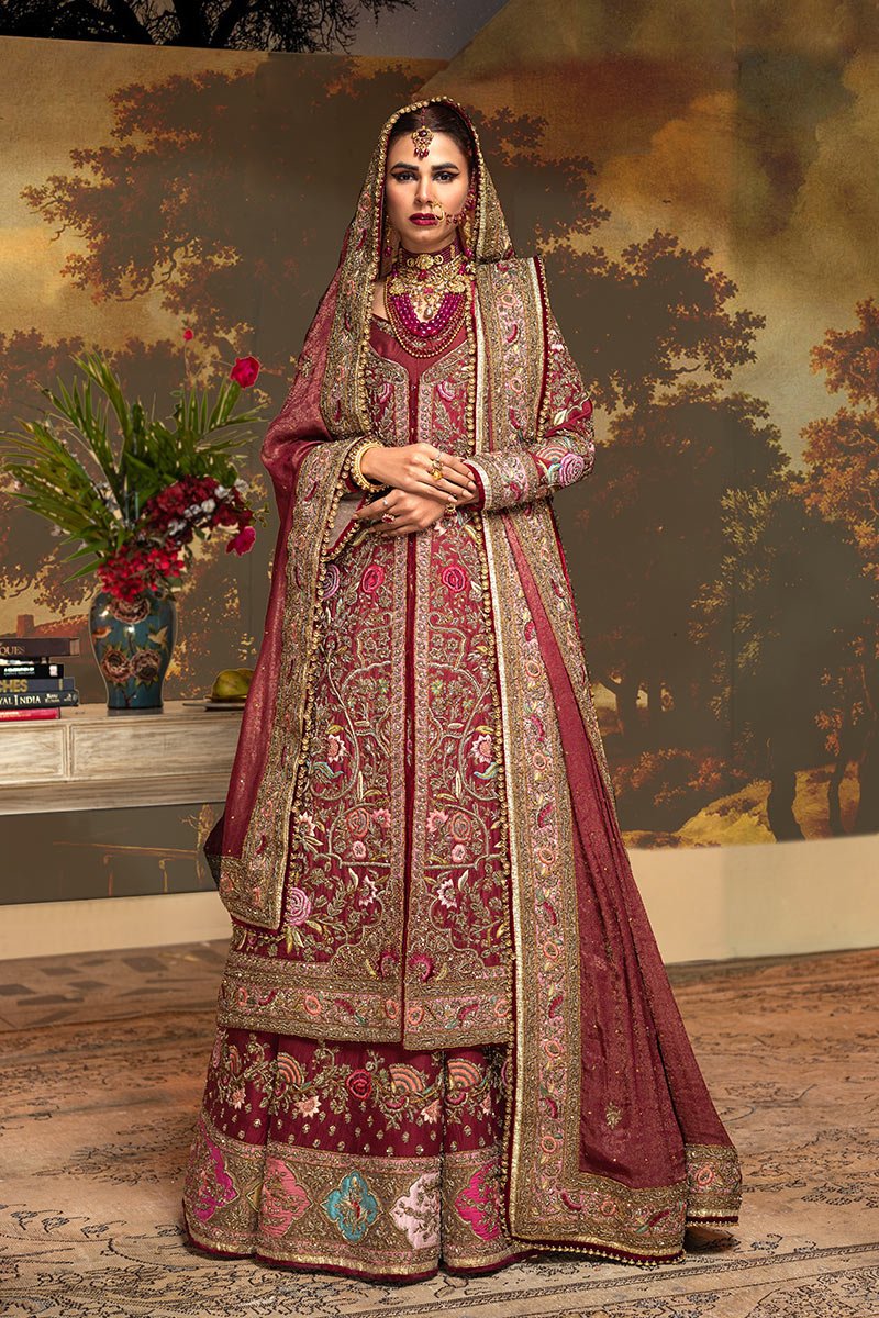 Pakistani Maroon Zardozi Resham Velvet Bridal Lehenga (3-Piece) - Image 2
