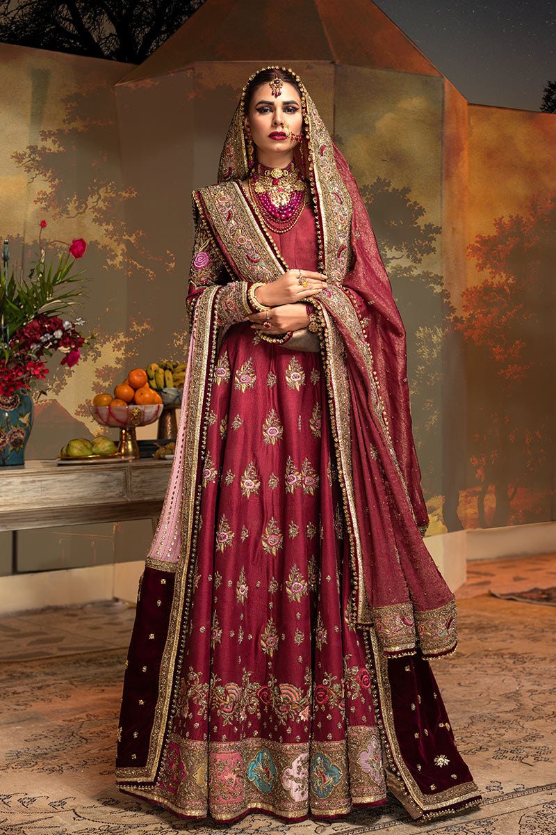 Pakistani Maroon Zardozi Resham Velvet Bridal Lehenga (3-Piece) - Image 5
