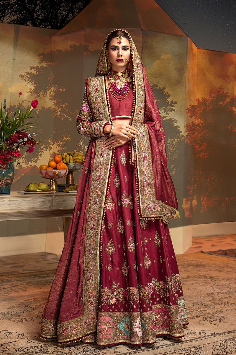 Pakistani Maroon Zardozi Resham Velvet Bridal Lehenga (3-Piece) - Image 6