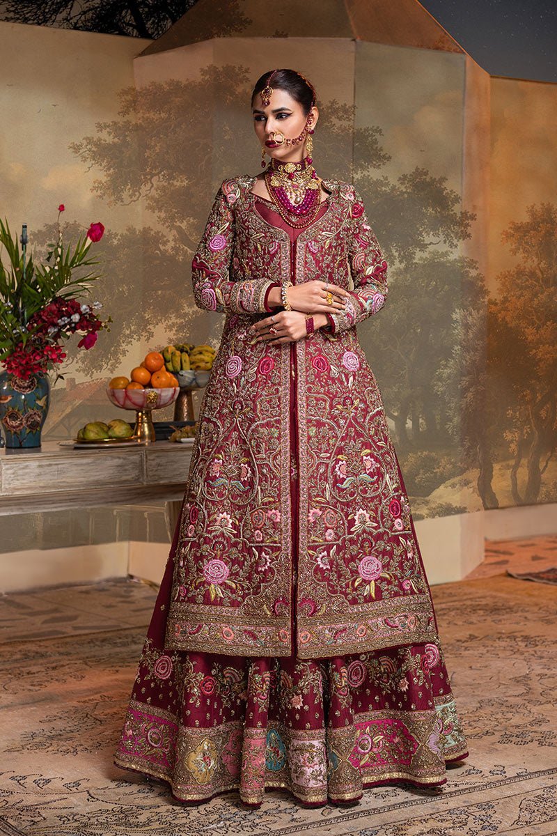 Pakistani Maroon Zardozi Resham Velvet Bridal Lehenga (3-Piece) - Image 7