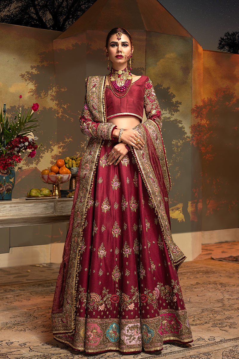 Pakistani Maroon Zardozi Resham Velvet Bridal Lehenga (3-Piece) - Image 9