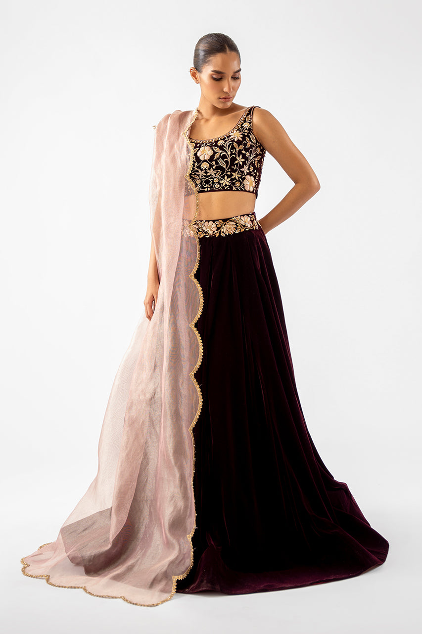 Deep Mahogany Zardozi Velvet Lehenga Choli (3-Piece) - Image 1