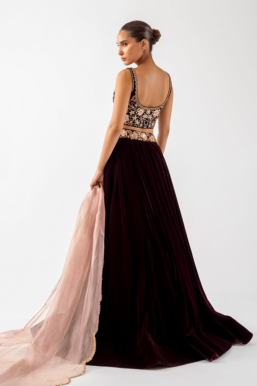 Deep Mahogany Zardozi Velvet Lehenga Choli (3-Piece) - Image 2