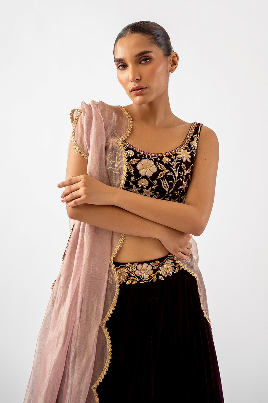 Deep Mahogany Zardozi Velvet Lehenga Choli (3-Piece) - Image 3