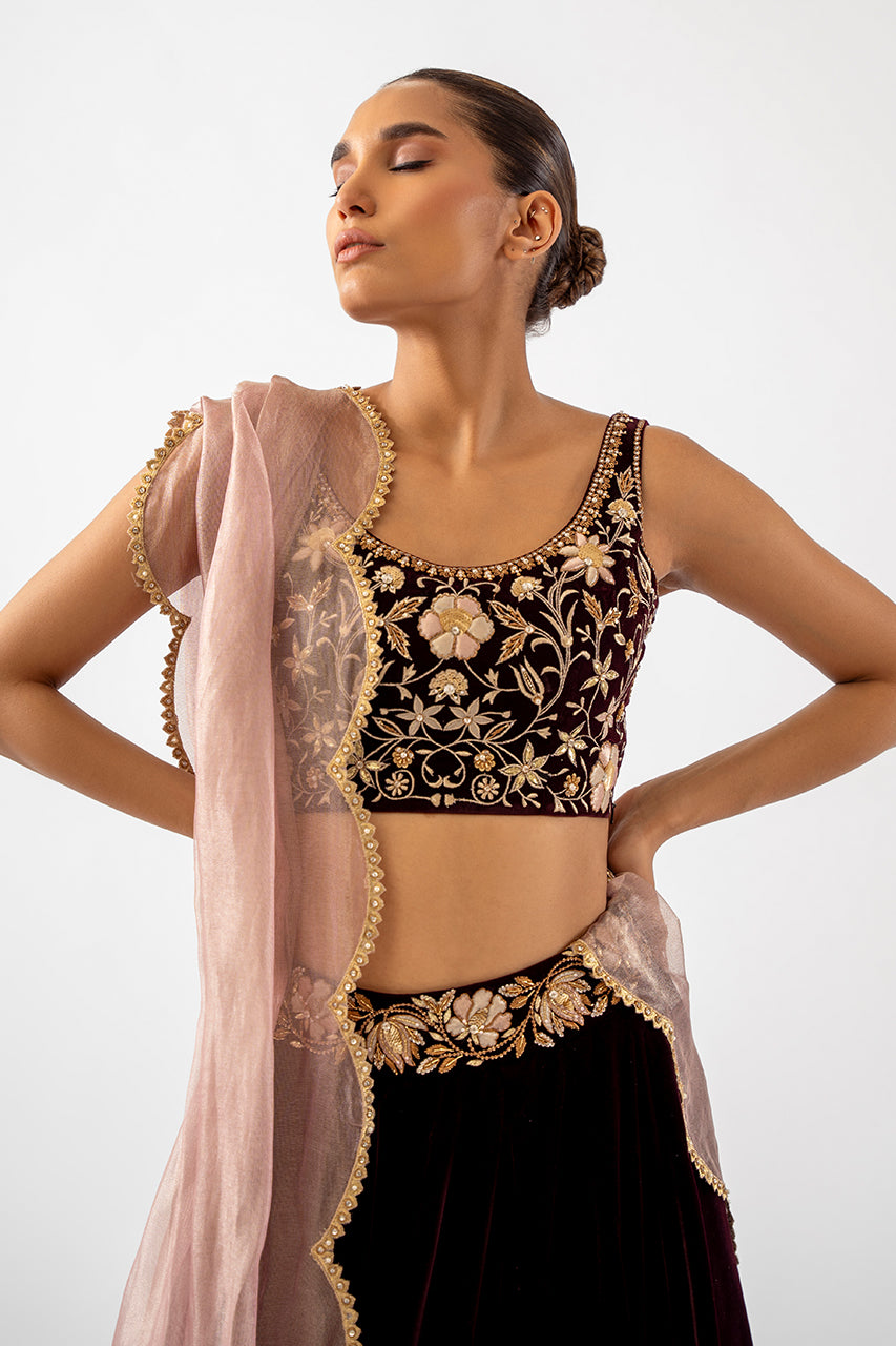 Deep Mahogany Zardozi Velvet Lehenga Choli (3-Piece) - Image 4