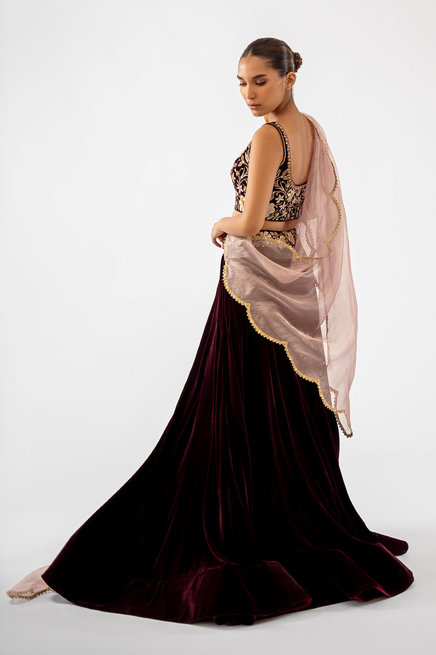 Deep Mahogany Zardozi Velvet Lehenga Choli (3-Piece) - Image 5