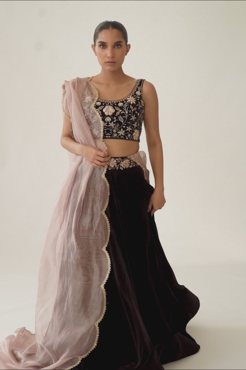 Deep Mahogany Zardozi Velvet Lehenga Choli (3-Piece) - Image 6