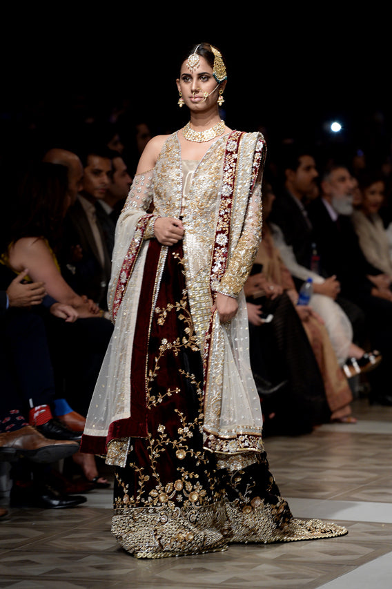Pakistani Maroon Gold Zardozi Velvet & Net Bridal Lehenga (3-Piece) - Image 1