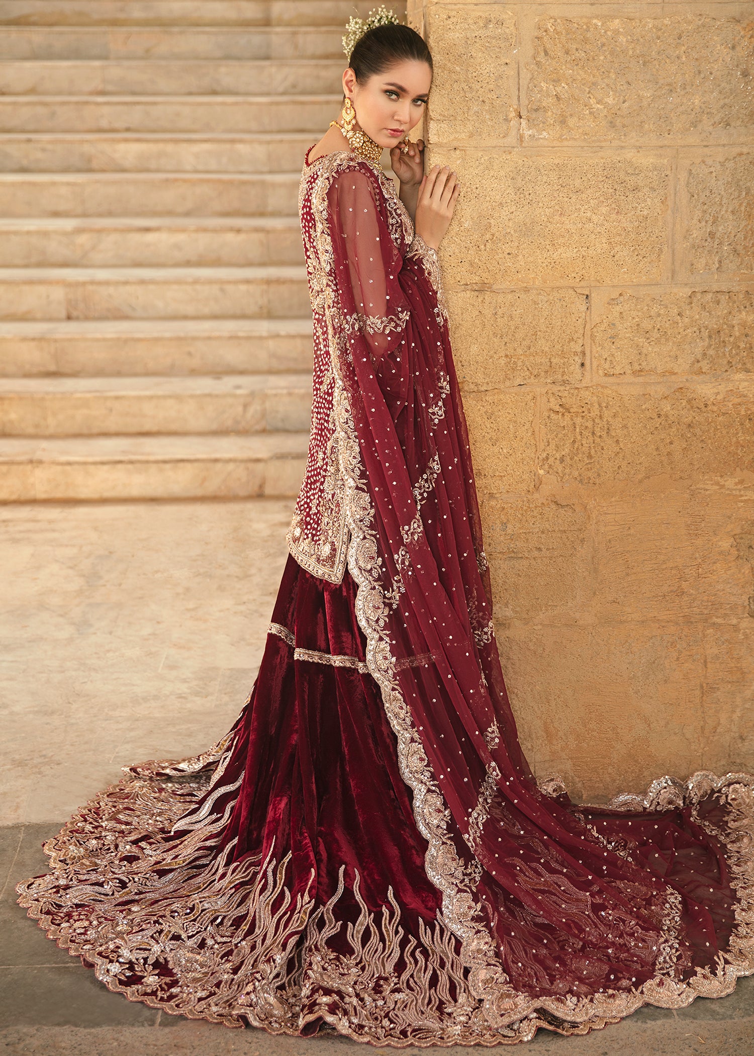 Deep Maroon Embroidered Velvet & Net Bridal Lehenga (3-Piece) - Image 3