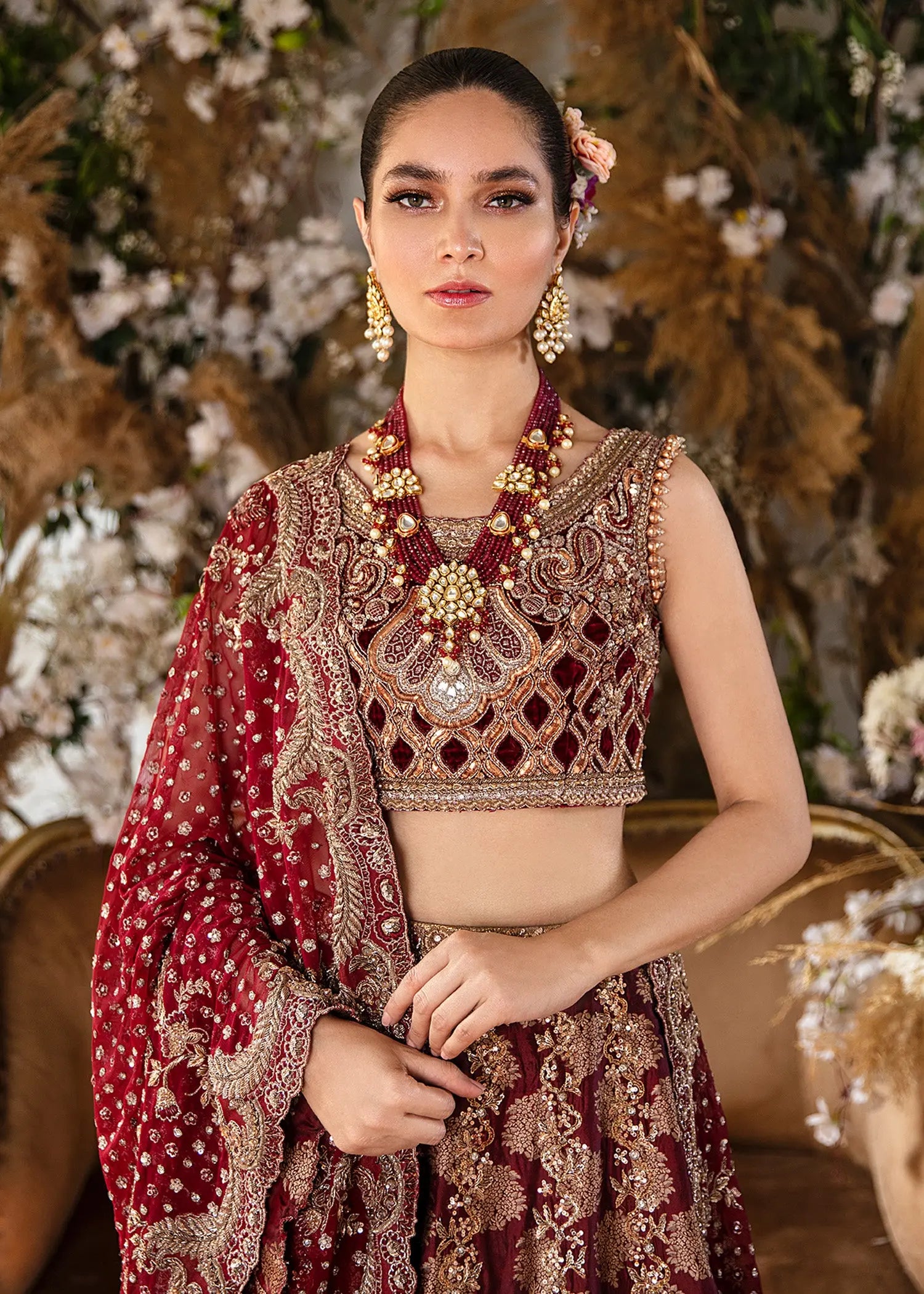 Deep Mahogany Zardozi Velvet Lehenga Choli (3-Piece) - Image 3
