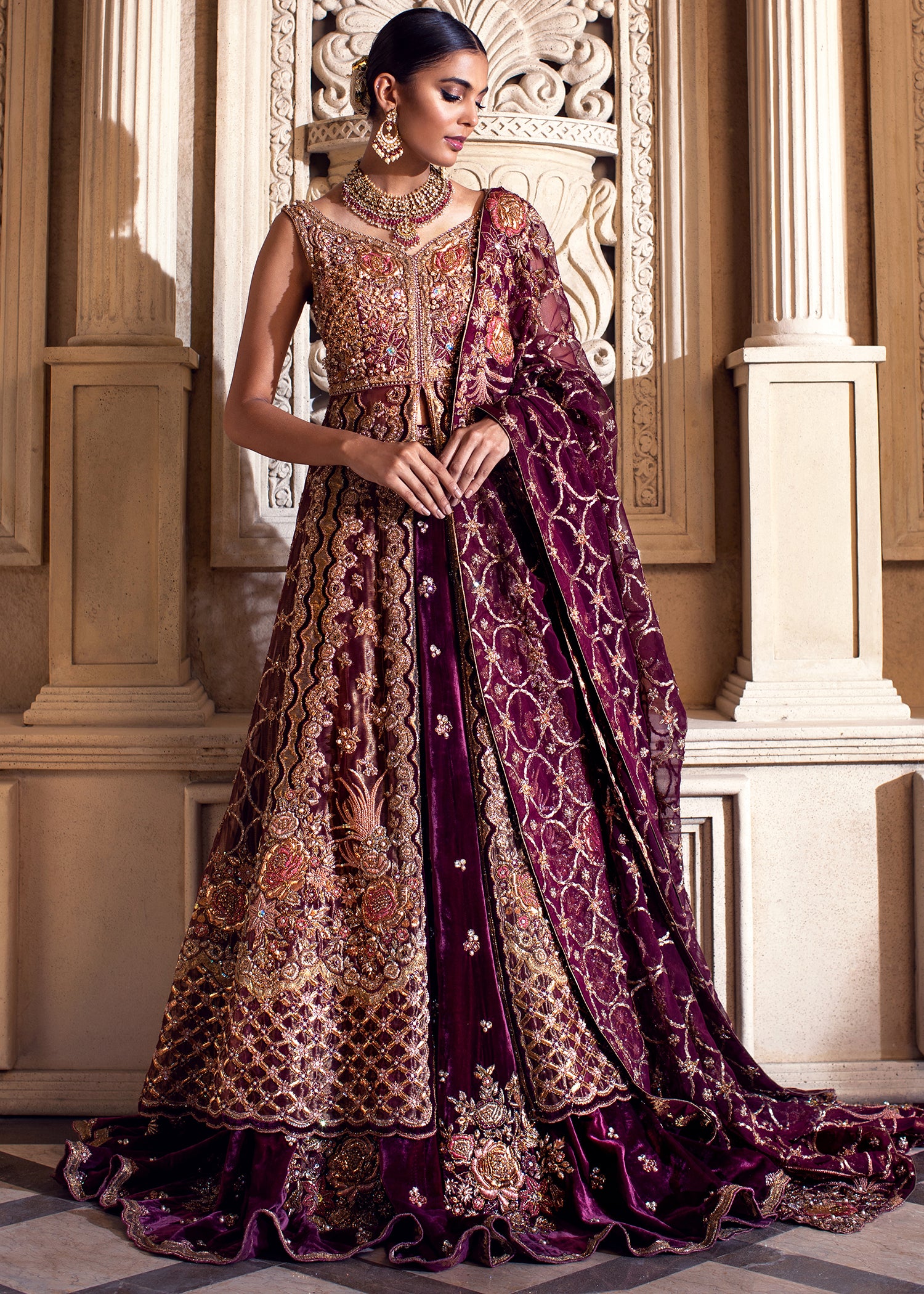 Deep Plum Zardozi Velvet Bridal Lehenga (3-Piece) - Image 1