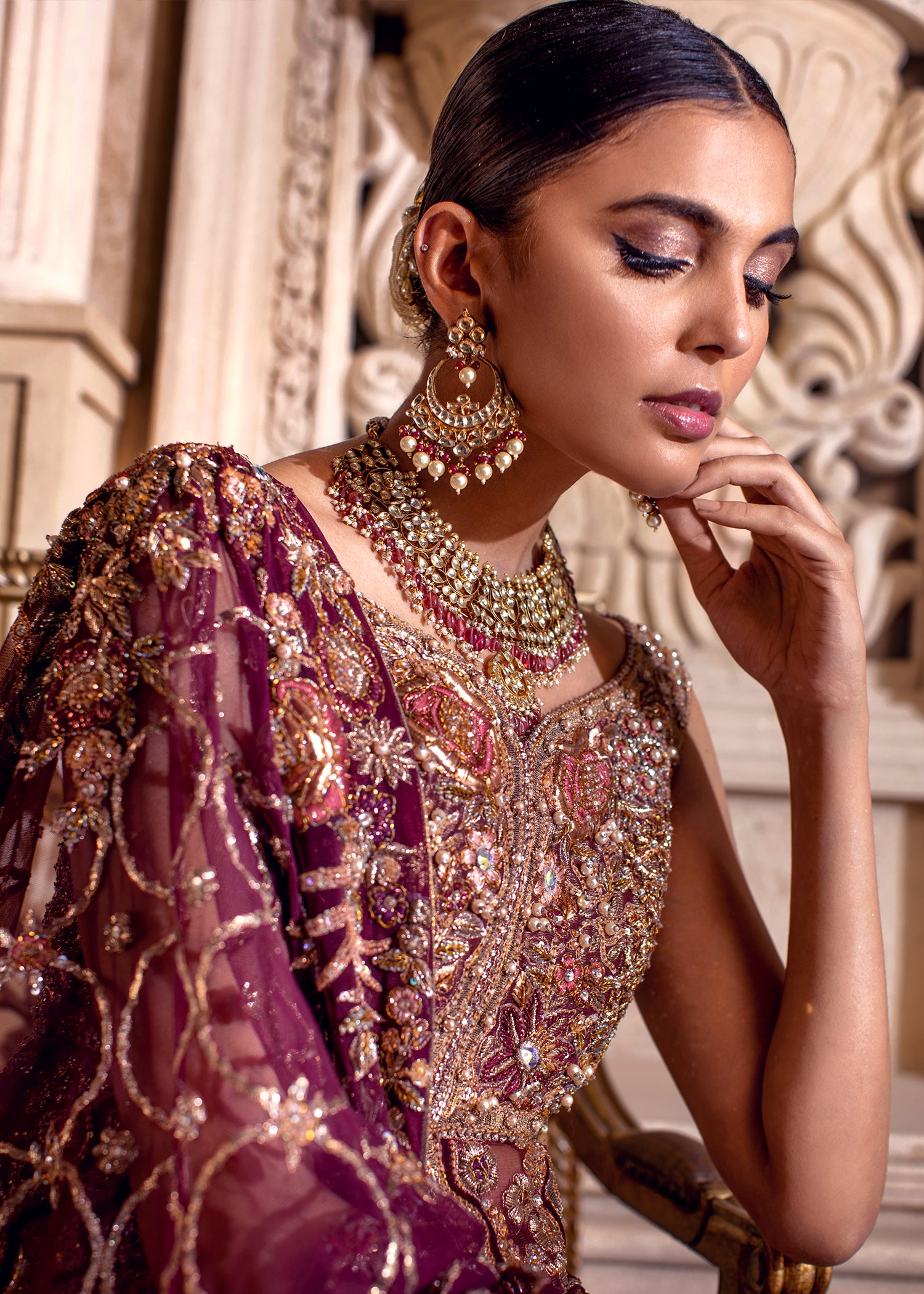 Deep Plum Zardozi Velvet Bridal Lehenga (3-Piece) - Image 4