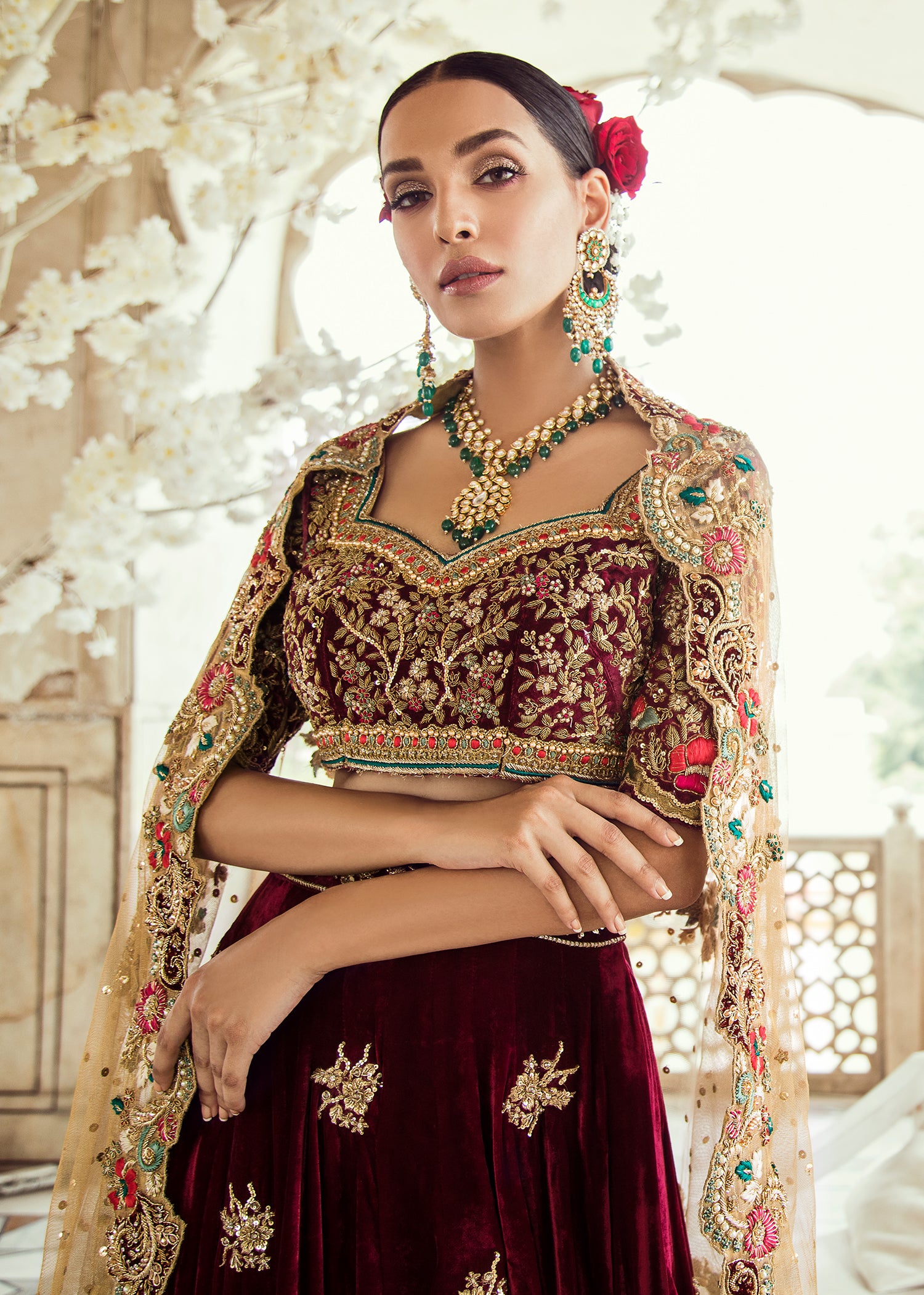 Pakistani Deep Maroon Embroidered Velvet Lehenga (3-Piece) - Image 4