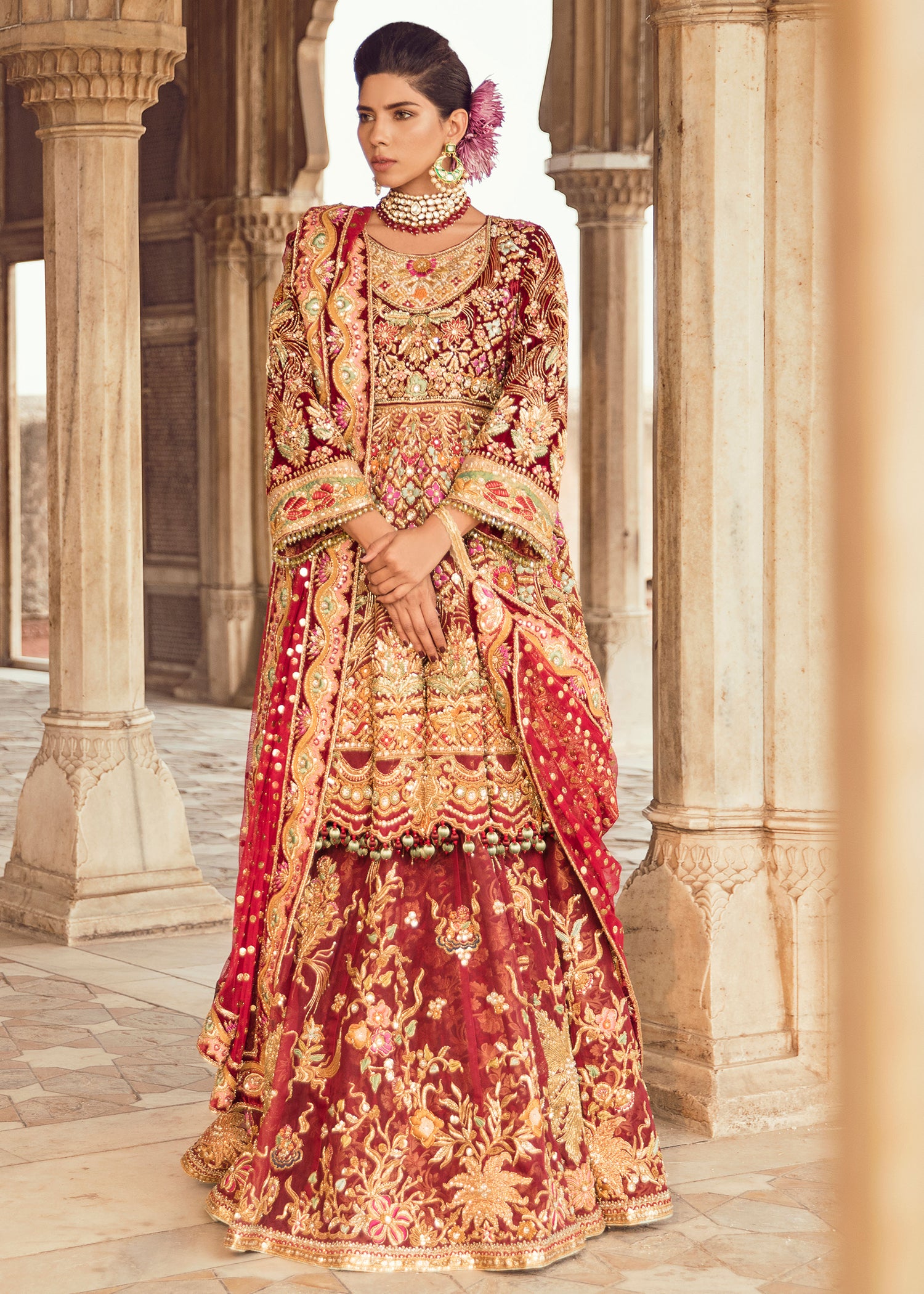 Pakistani Deep Maroon Embroidered Velvet Silk Bridal Lehenga (3-Piece) - Image 1