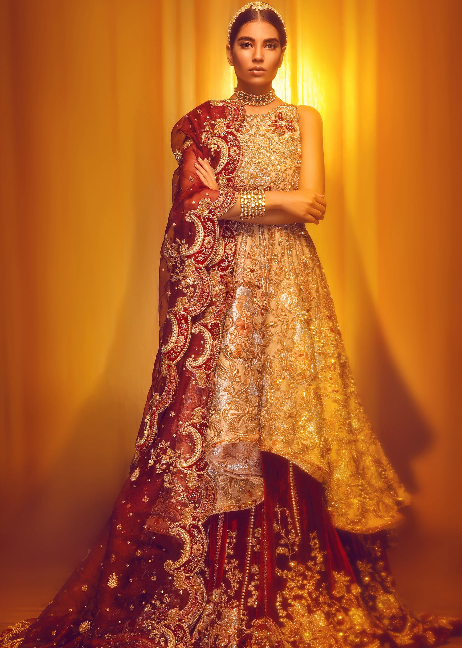 Pakistani Deep Maroon Gold Embroidered Velvet Bridal Lehenga (3-Piece) - Image 4