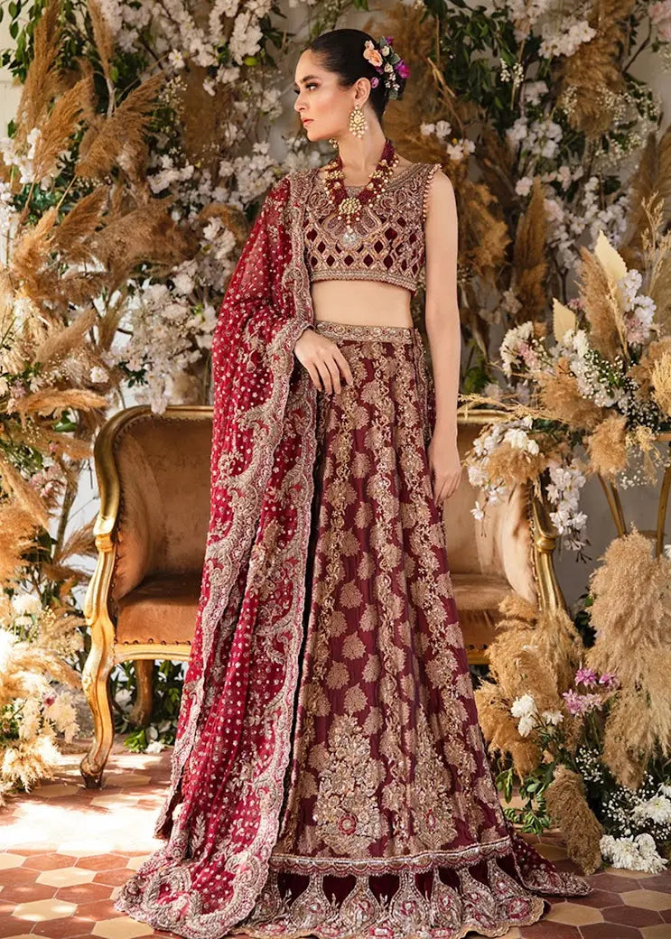 Deep Mahogany Embroidered Velvet & Net Lehenga Choli (3-Piece) - Image 1