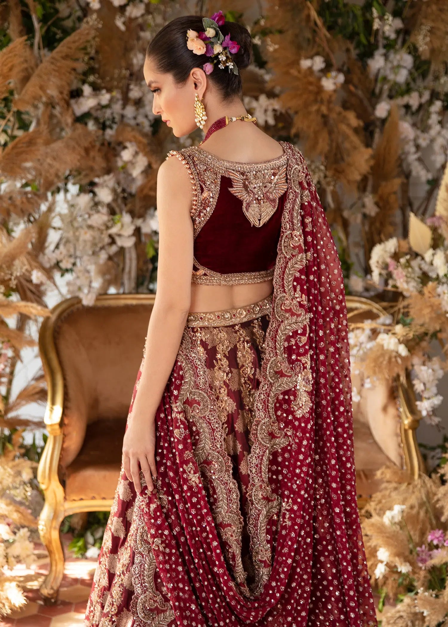 Deep Mahogany Embroidered Velvet & Net Lehenga Choli (3-Piece) - Image 2