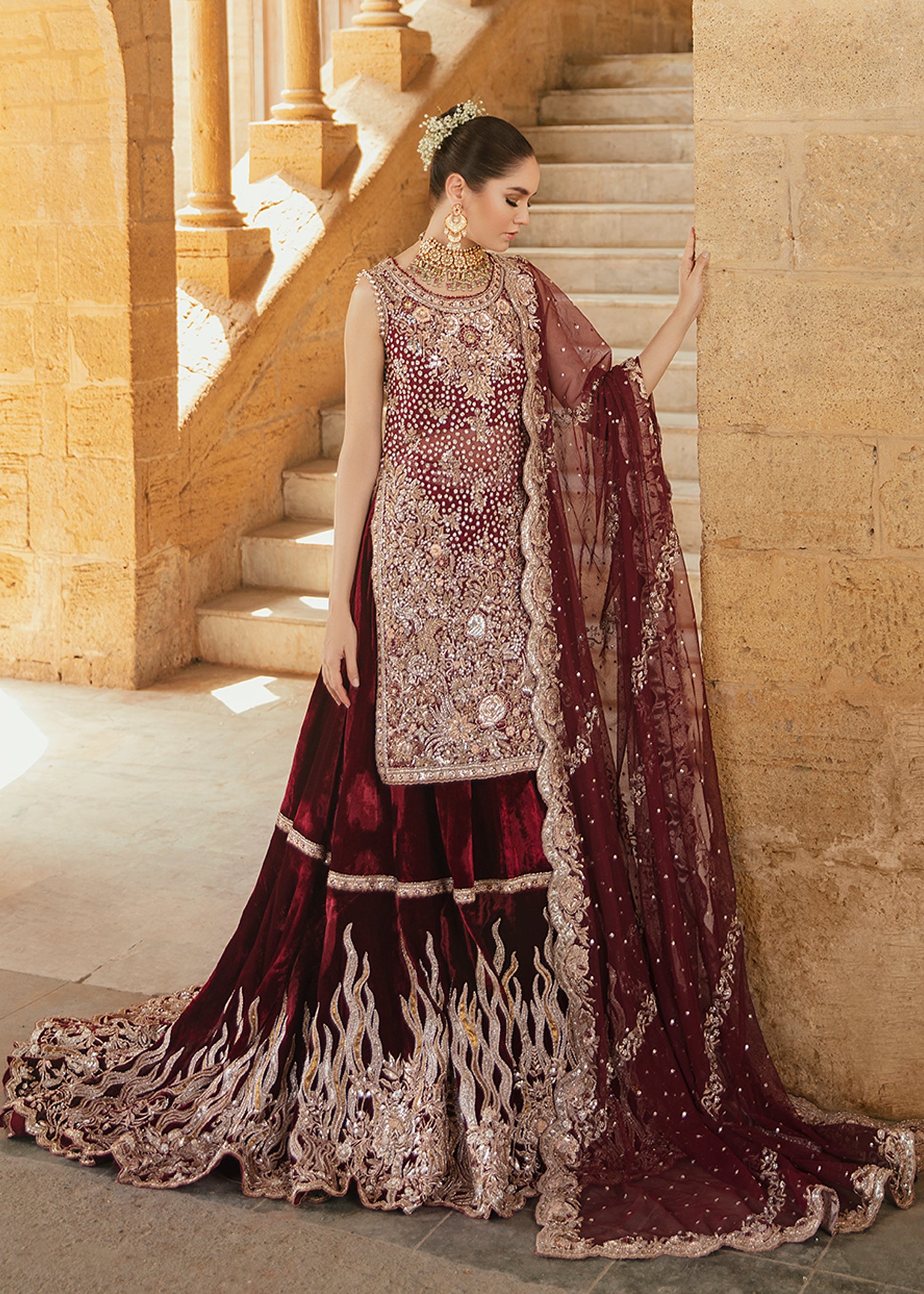 Deep Maroon Zardozi Velvet & Net Bridal Lehenga (3-Piece) - Image 1