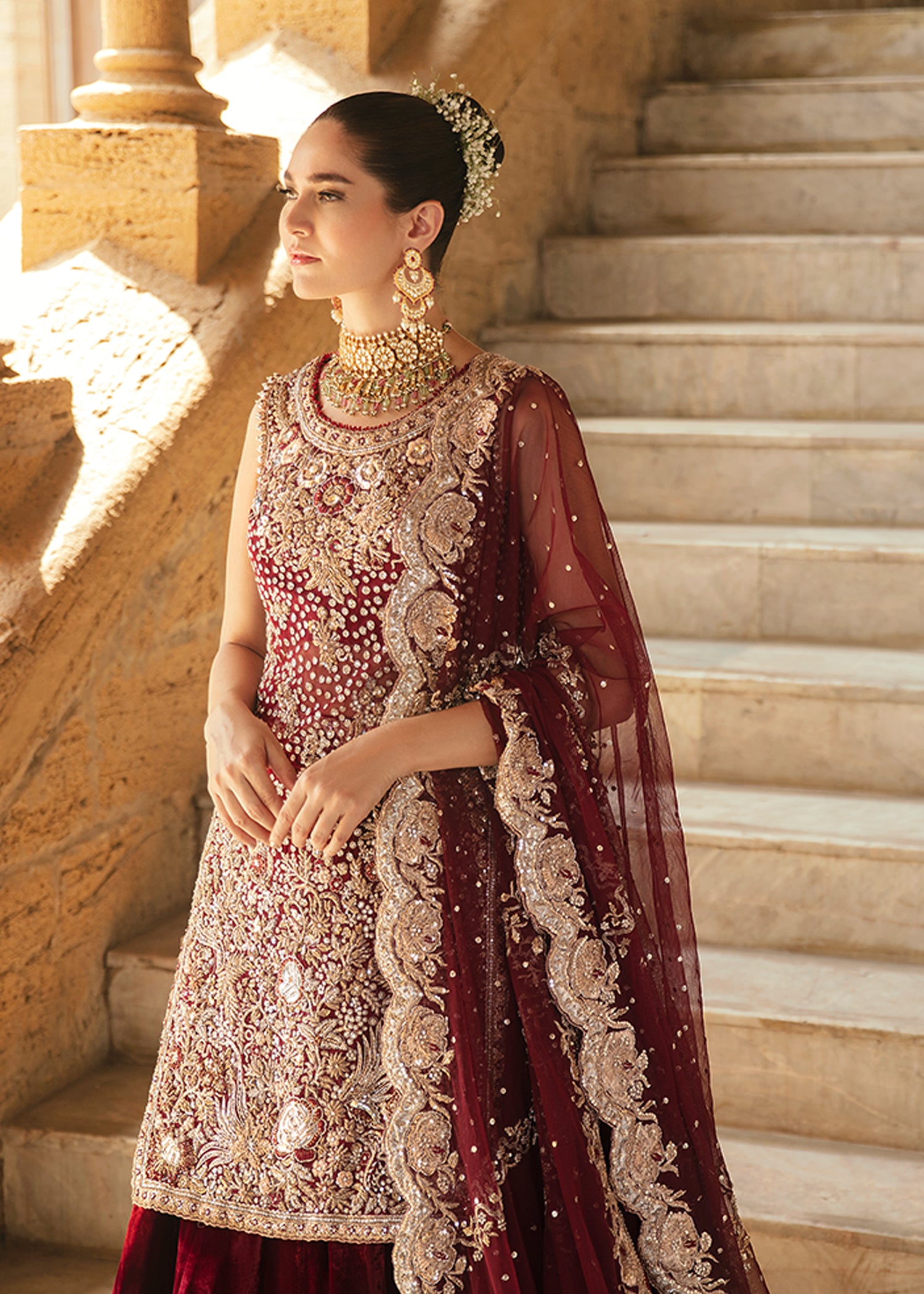 Deep Maroon Zardozi Velvet & Net Bridal Lehenga (3-Piece) - Image 2