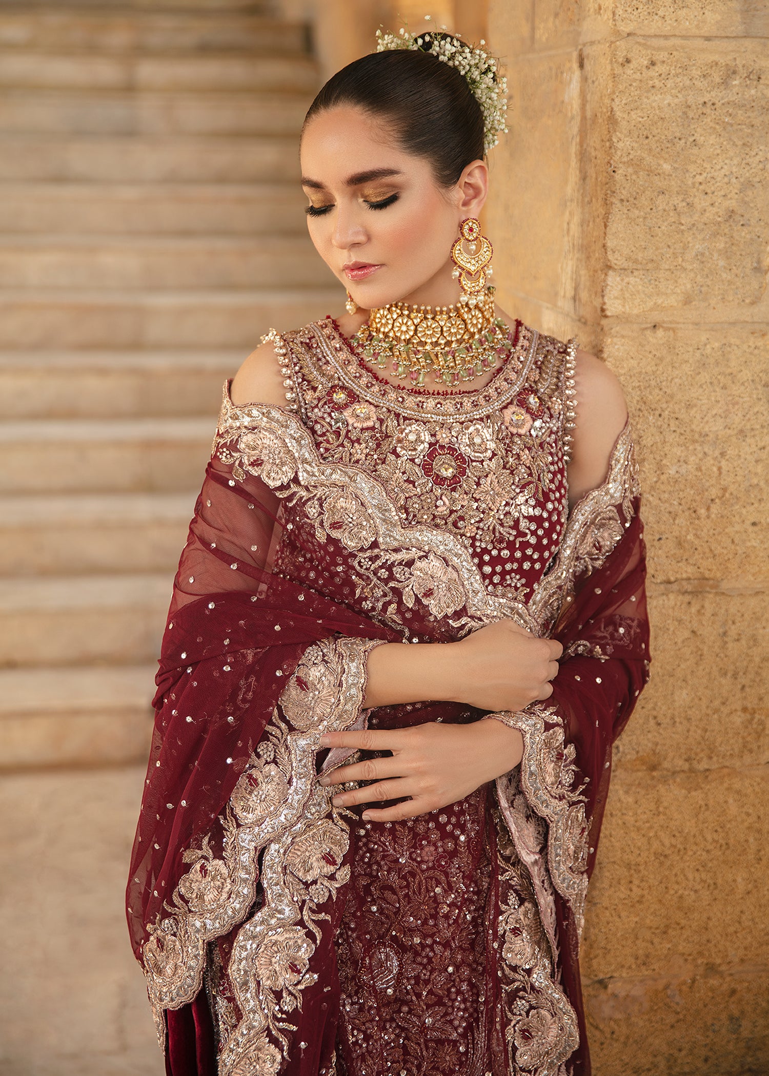 Deep Maroon Zardozi Velvet & Net Bridal Lehenga (3-Piece) - Image 4