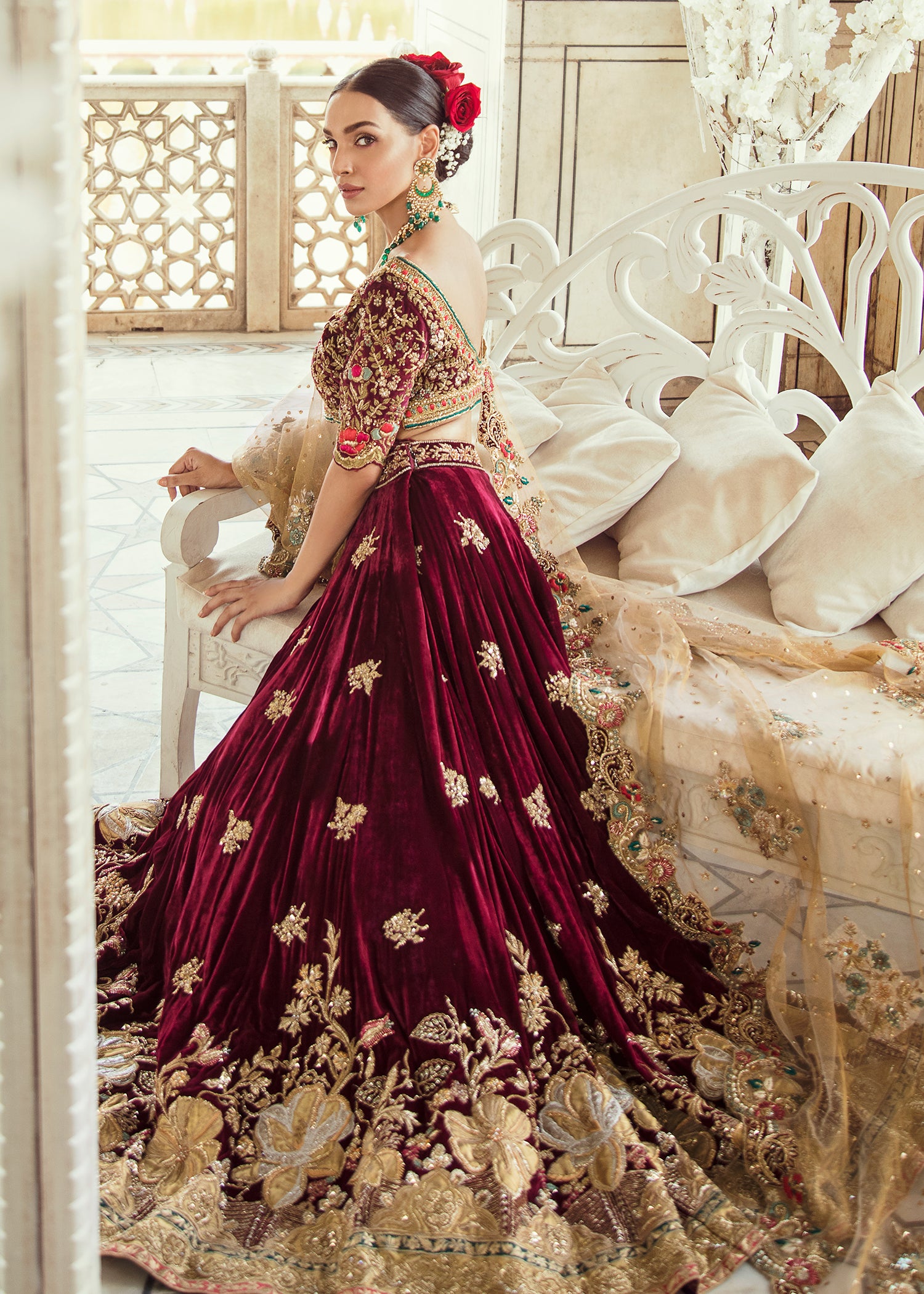 Deep Maroon Embroidered Velvet Lehenga (3-Piece) - Image 1