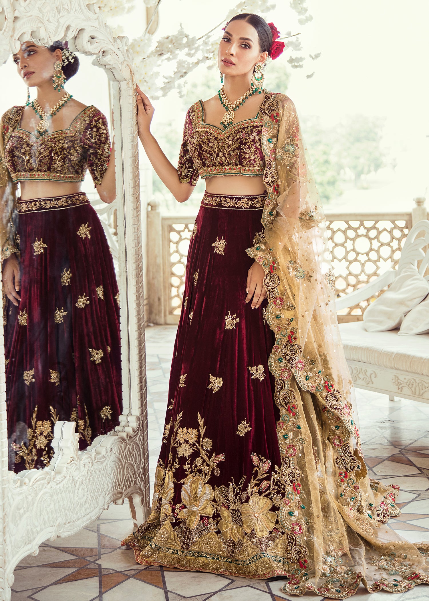 Deep Maroon Embroidered Velvet Lehenga (3-Piece) - Image 2