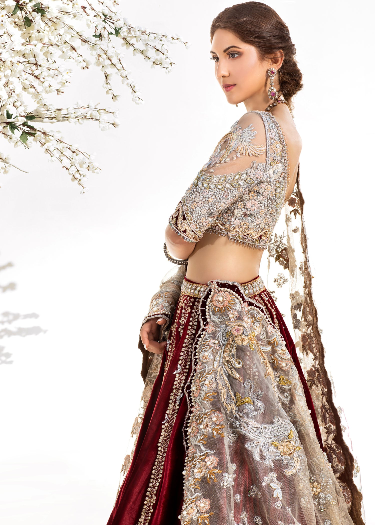 Pakistani Ivory & Maroon Embellished Velvet Bridal Lehenga (3-Piece) - Image 3