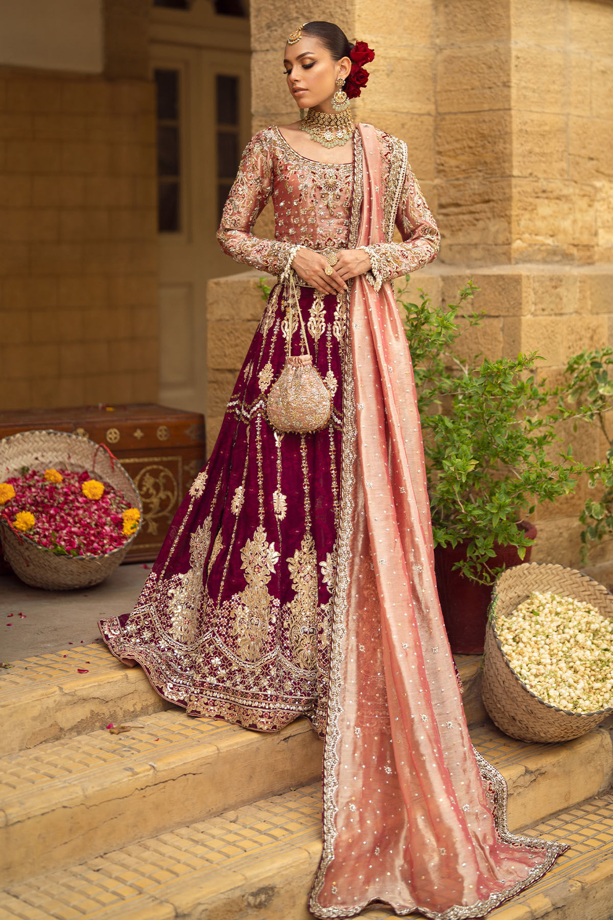 Pakistani Deep Maroon Embellished Velvet Bridal Lehenga (3-Piece) - Image 1