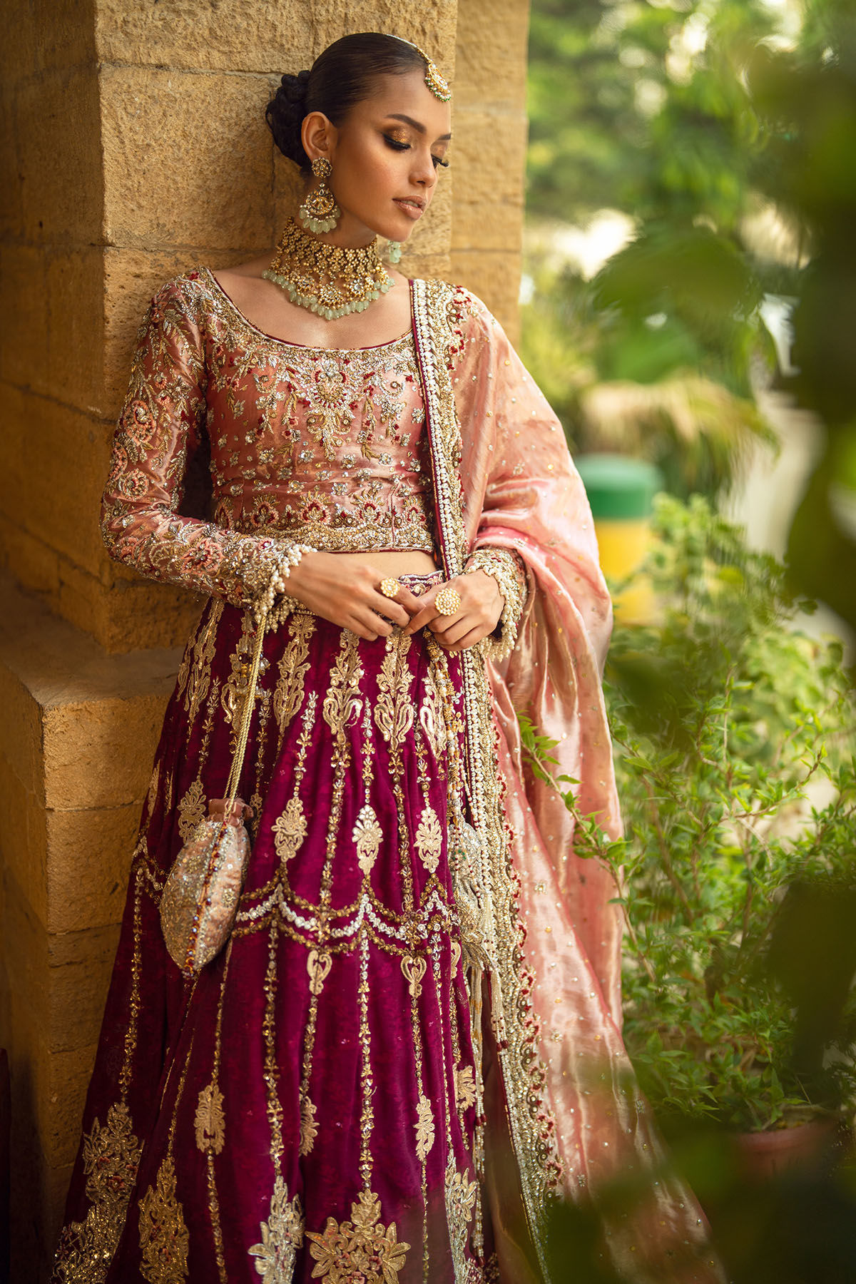 Pakistani Deep Maroon Embellished Velvet Bridal Lehenga (3-Piece) - Image 3