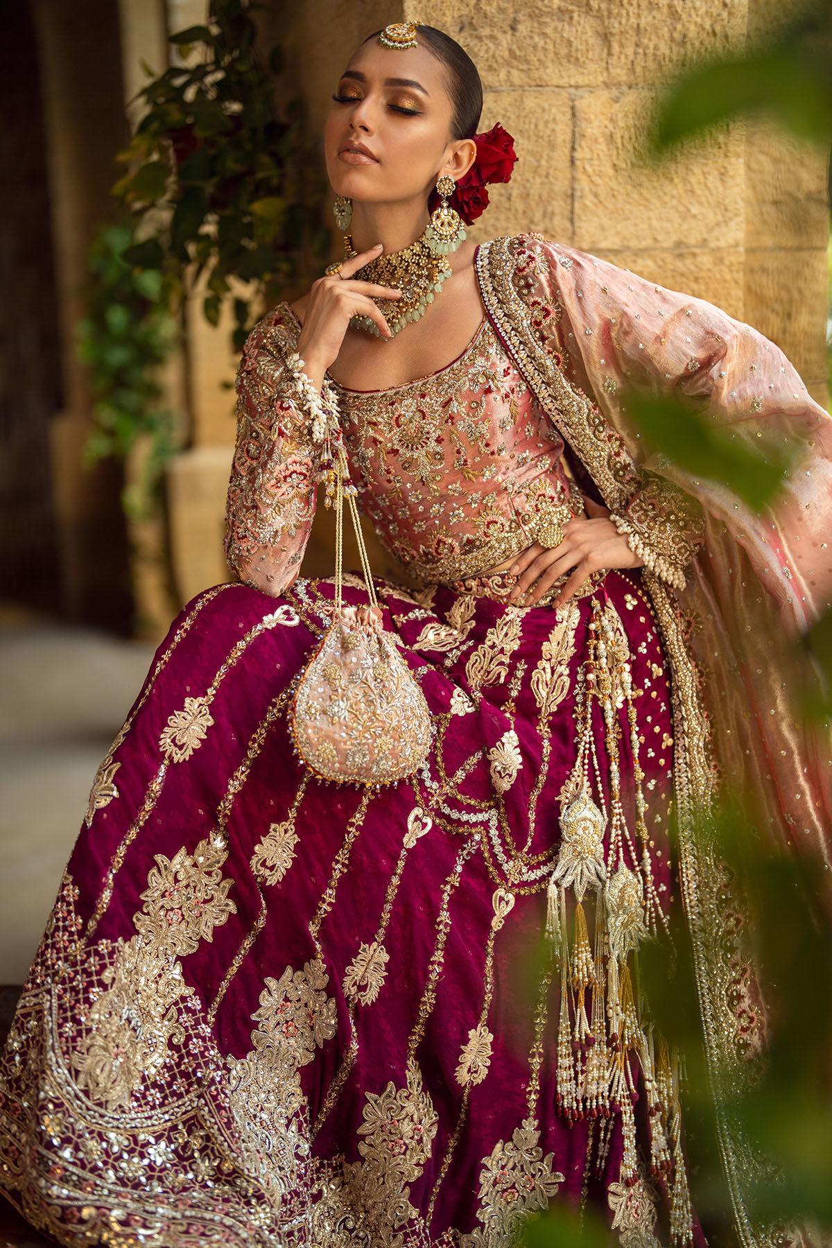 Pakistani Deep Maroon Embellished Velvet Bridal Lehenga (3-Piece) - Image 4