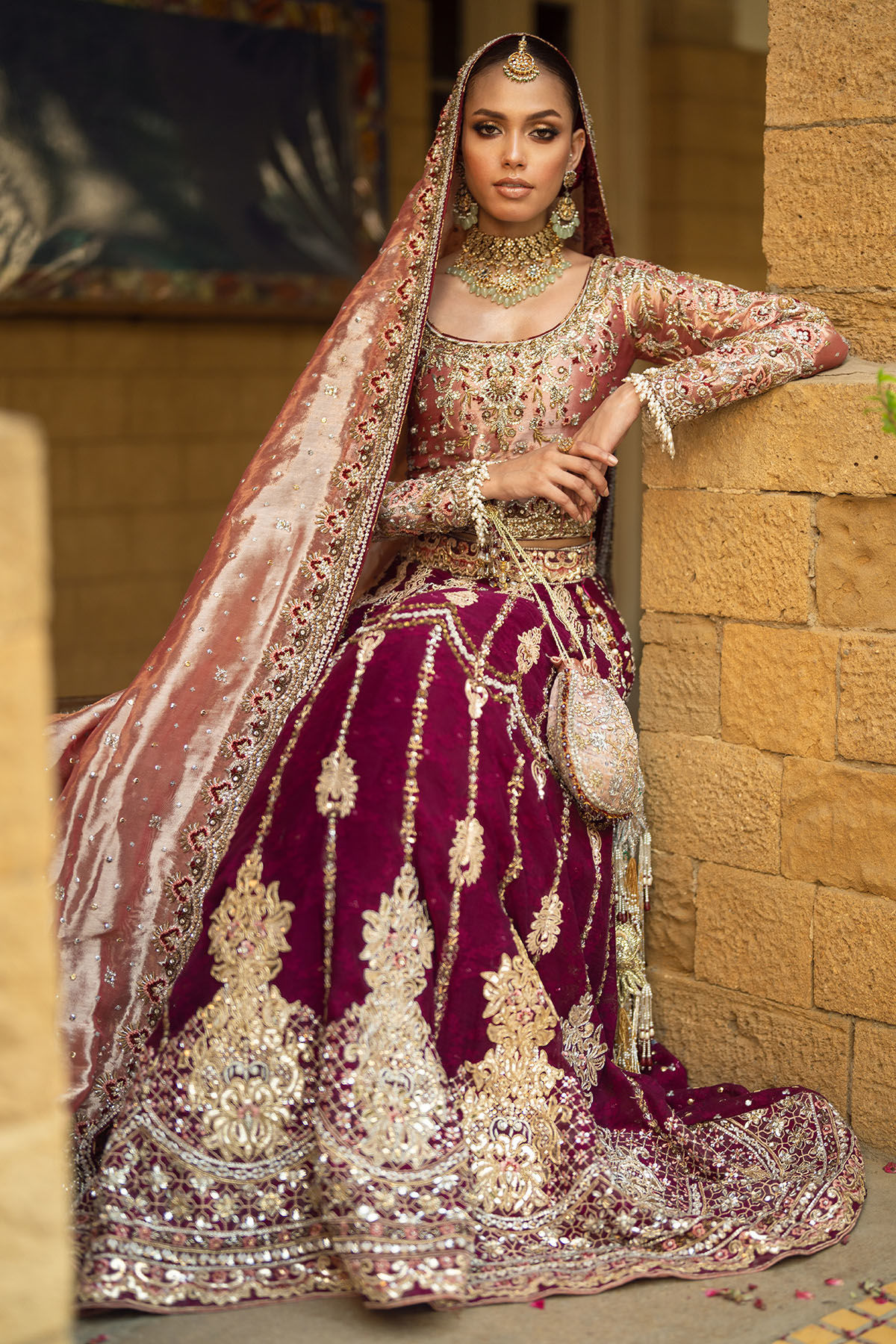 Pakistani Deep Maroon Embellished Velvet Bridal Lehenga (3-Piece) - Image 6