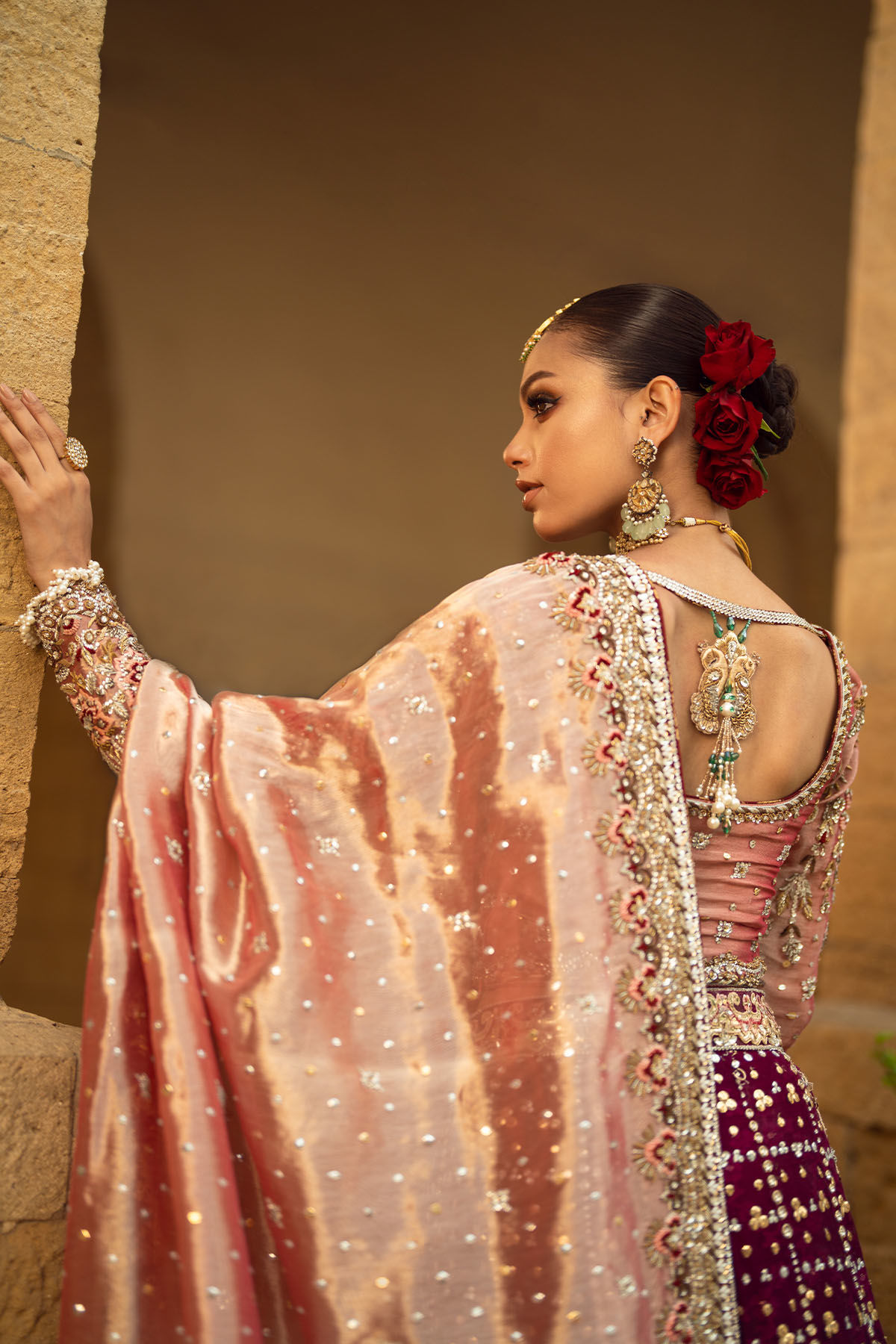 Pakistani Deep Maroon Embellished Velvet Bridal Lehenga (3-Piece) - Image 7