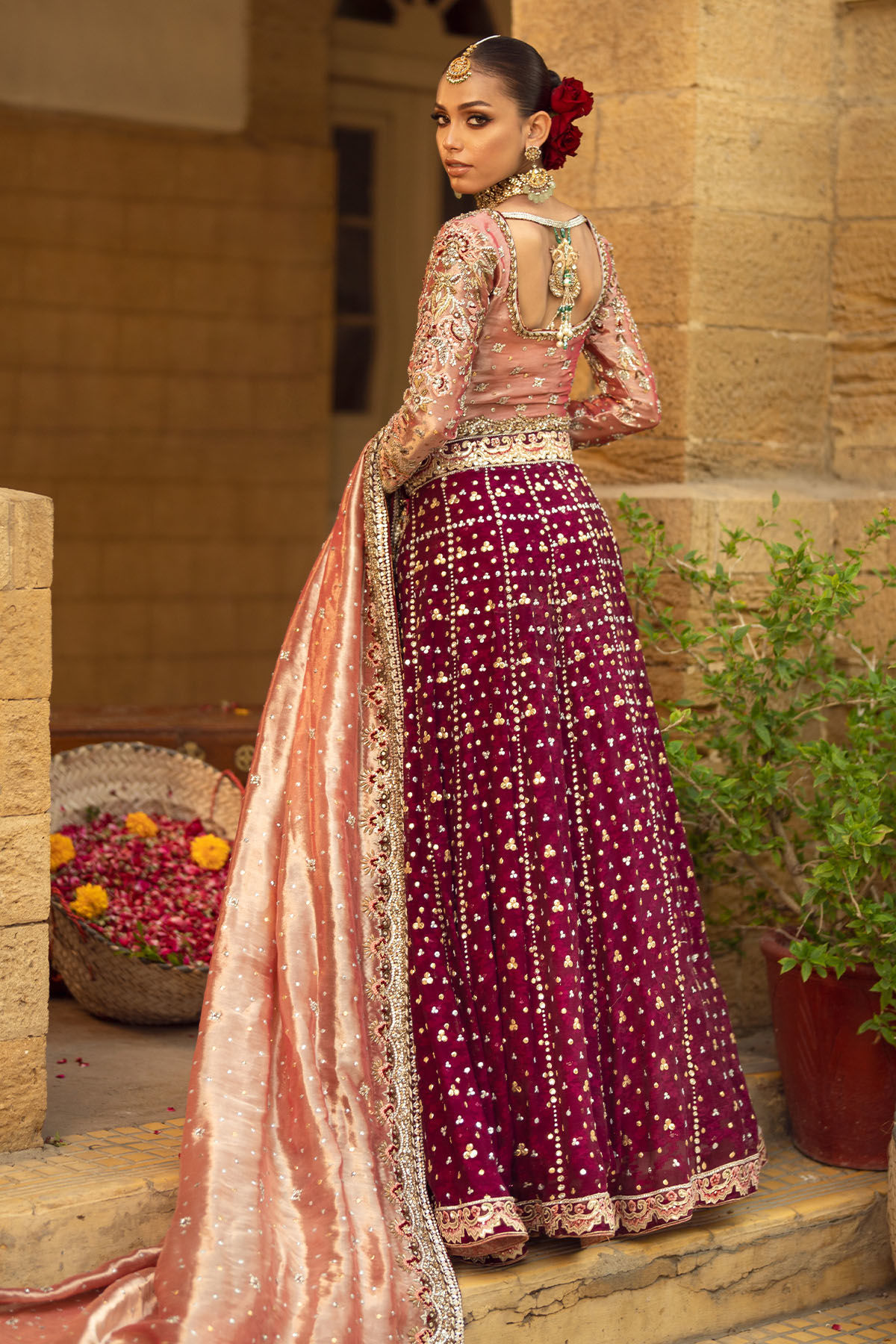 Pakistani Deep Maroon Embellished Velvet Bridal Lehenga (3-Piece) - Image 8