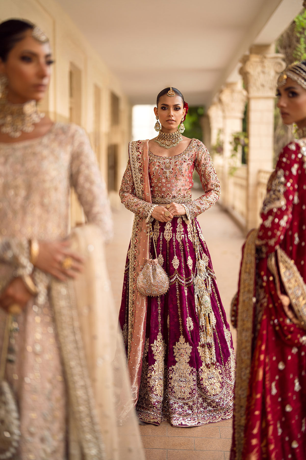 Pakistani Deep Maroon Embellished Velvet Bridal Lehenga (3-Piece) - Image 9