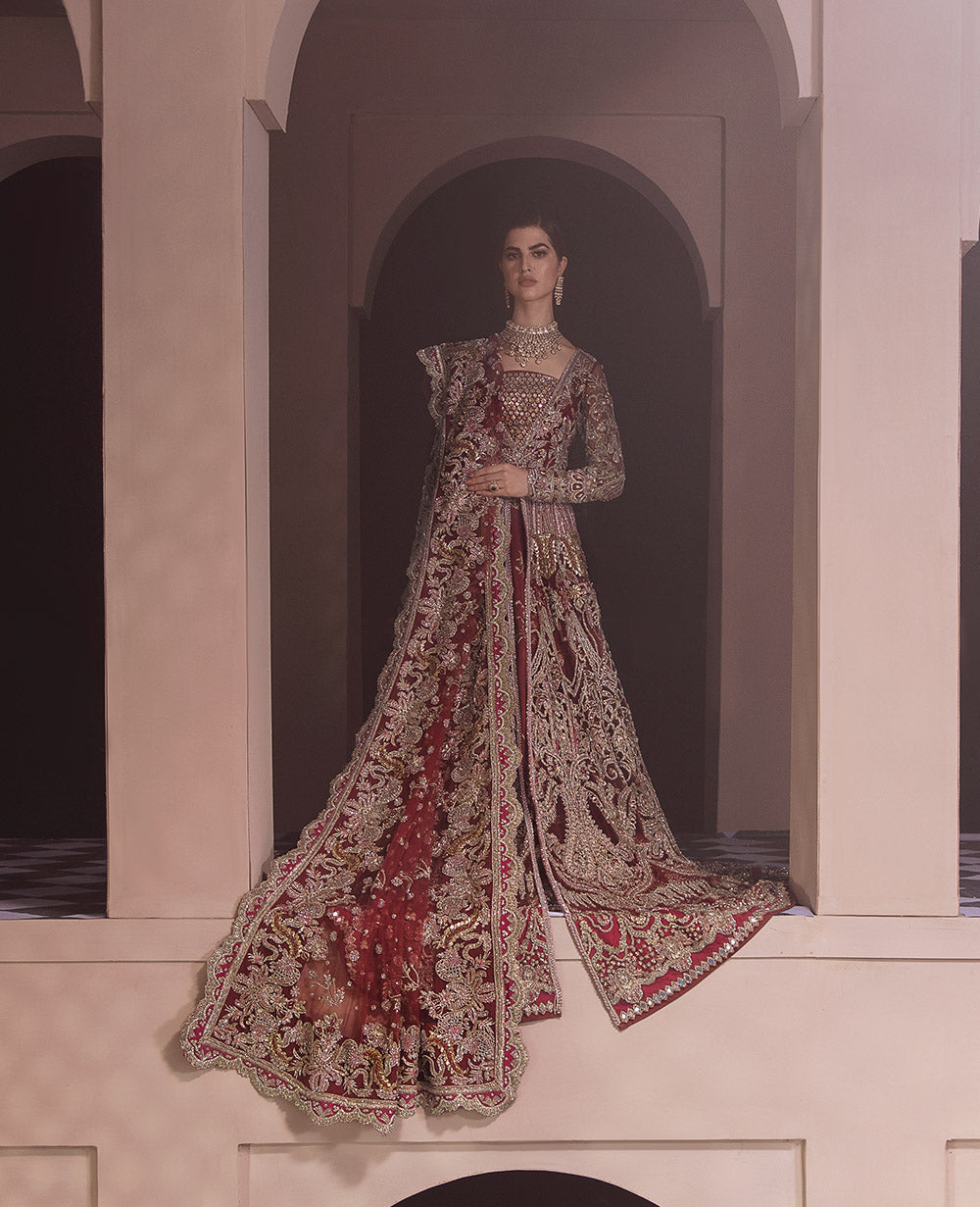 Pakistani Deep Maroon Embroidered Velvet Silk Bridal Lehenga (3-Piece) - Image 2