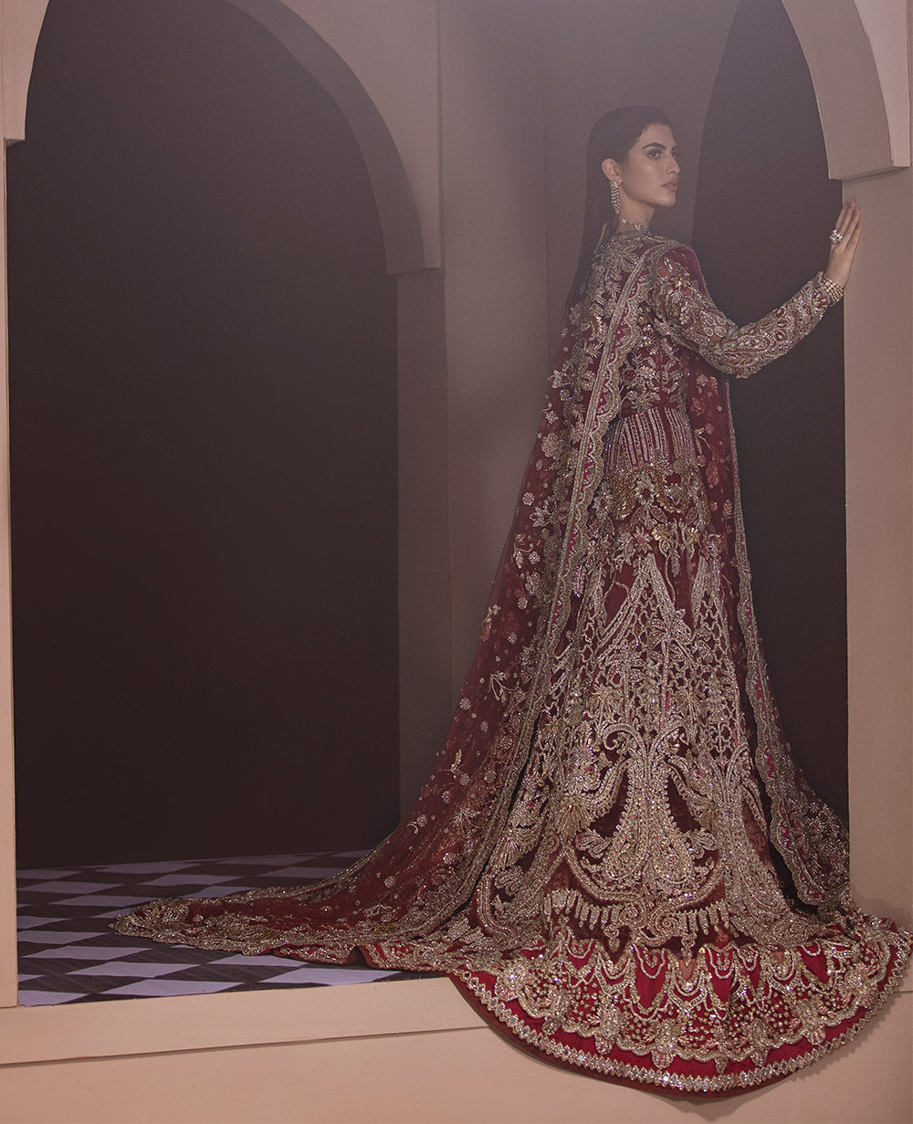 Pakistani Deep Maroon Embroidered Velvet Silk Bridal Lehenga (3-Piece) - Image 3