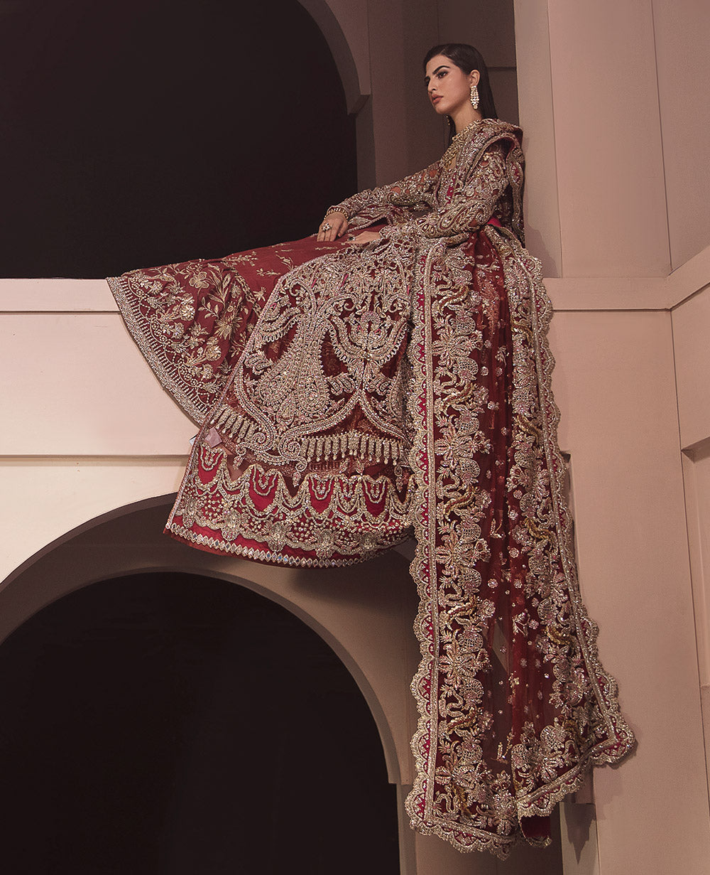Pakistani Deep Maroon Embroidered Velvet Silk Bridal Lehenga (3-Piece) - Image 4