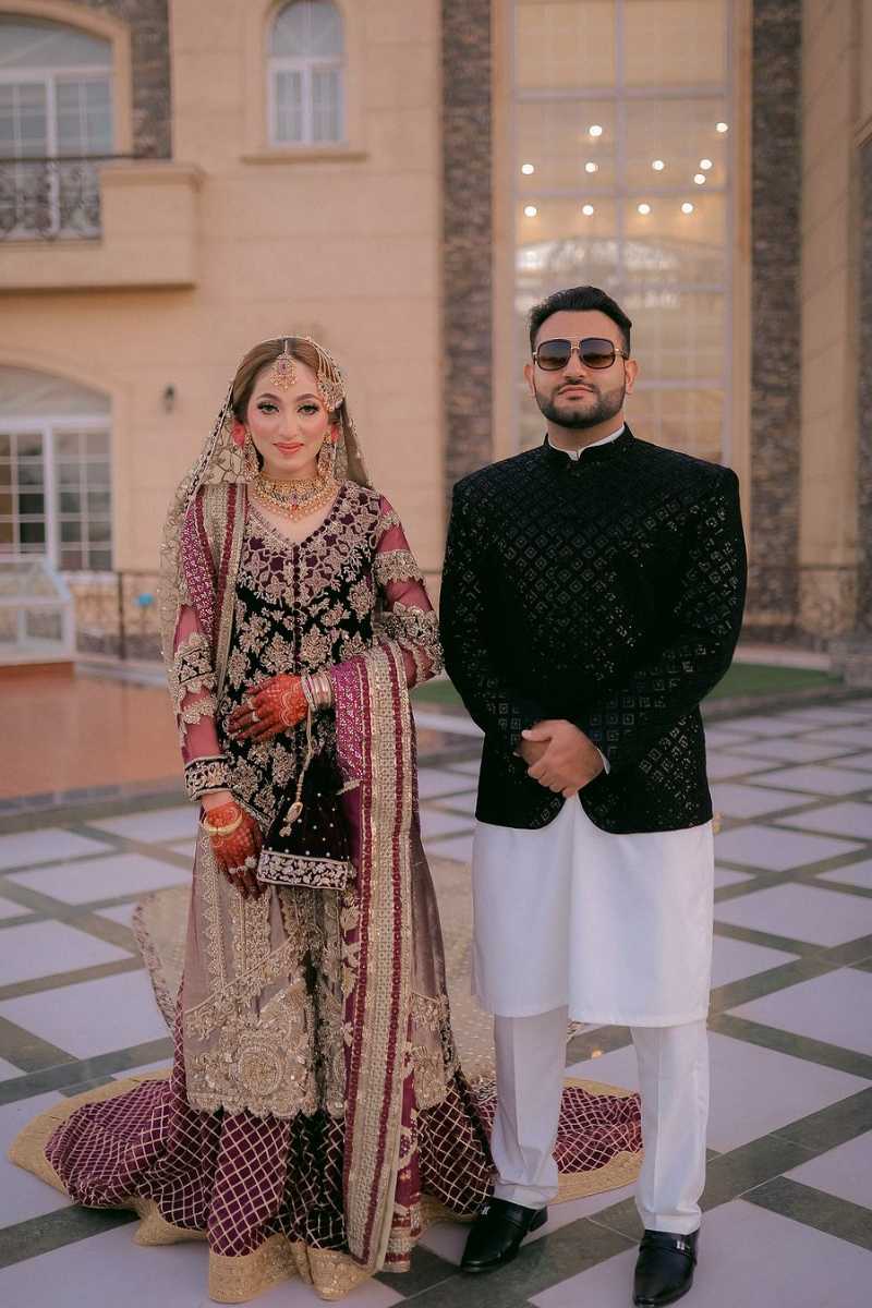 Pakistani Deep Maroon Embroidered Velvet & Net Bridal Lehenga (3-Piece) - Image 1