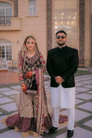 Pakistani Deep Maroon Embroidered Velvet & Net Bridal Lehenga (3-Piece) - Image 2