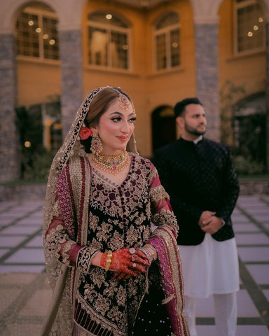 Pakistani Deep Maroon Embroidered Velvet & Net Bridal Lehenga (3-Piece) - Image 4