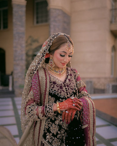 Pakistani Deep Maroon Embroidered Velvet & Net Bridal Lehenga (3-Piece) - Image 5