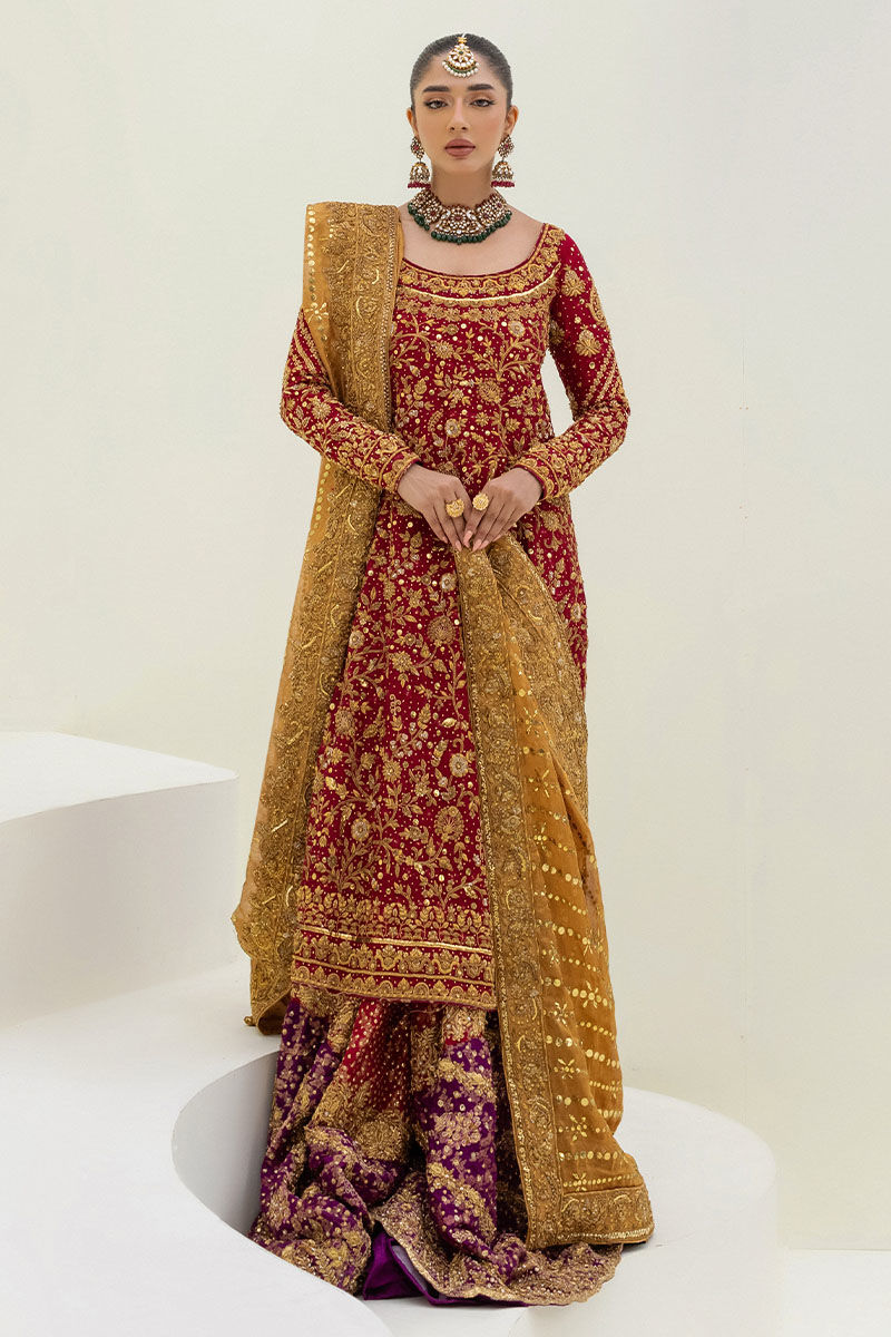 Pakistani Maroon Zardozi Velvet Lehenga (3-Piece) - Image 1