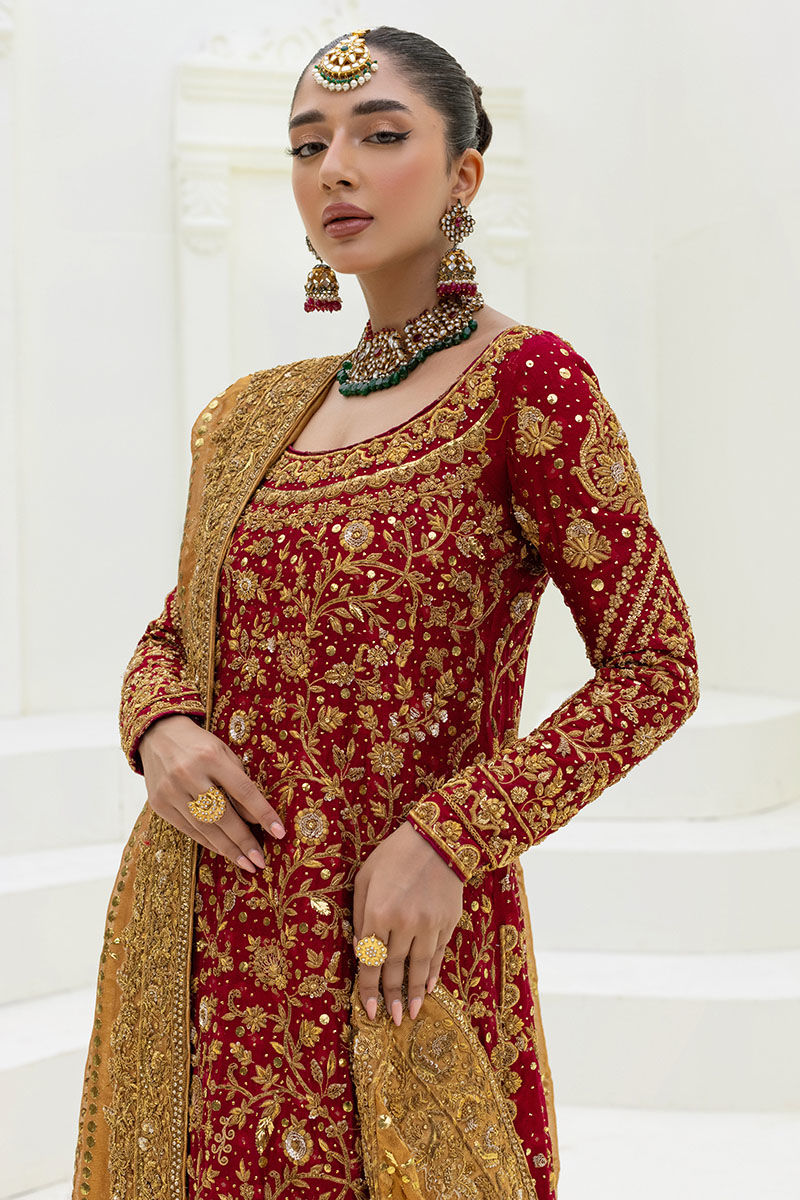Pakistani Maroon Zardozi Velvet Lehenga (3-Piece) - Image 2